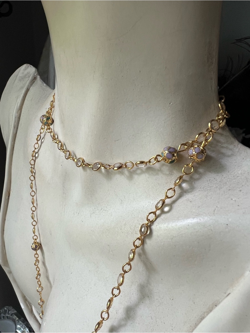 Gold-Tone Multi-Strand Crystals Necklace with Lavender Cloisonne Accents
